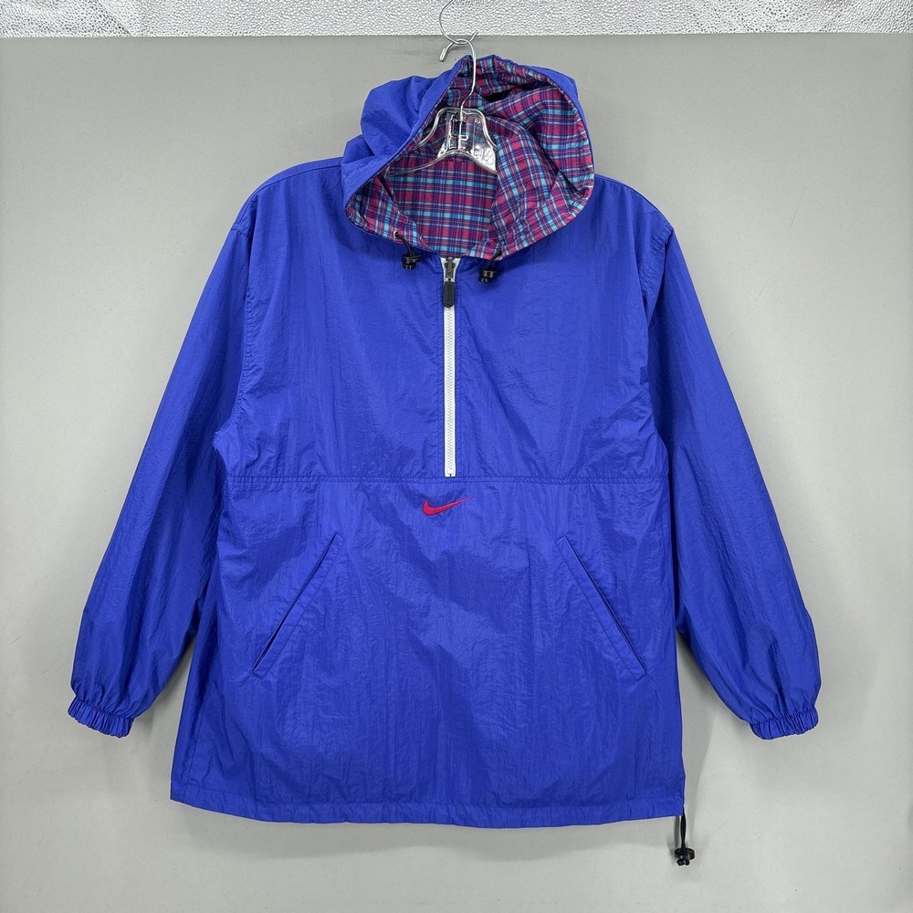 Vintage Nike Jacket Mens Medium Plaid Reversible 1/2 Zip Hooded Windbreaker 90s - Picture 2 of 14